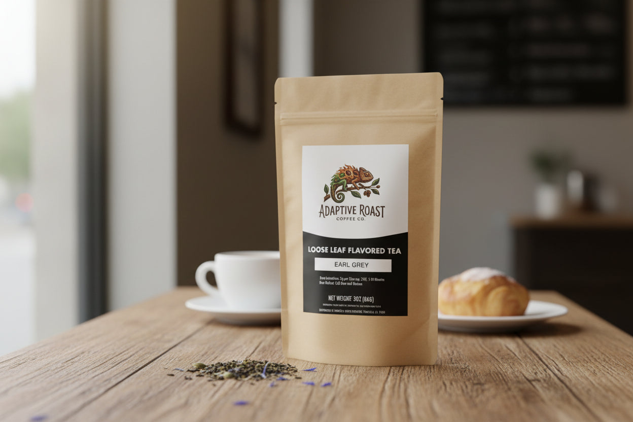 Kraft paper tea bag with Adaptive Roast label on a white background