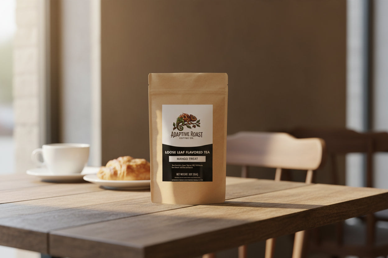 Loose leaf flavored tea package with Adaptive Roast Coffee Co. branding on a white background