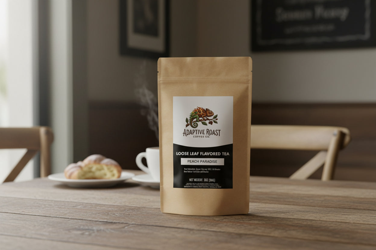 Loose leaf flavored tea package with Adaptive Roast Coffee Co. branding on a white background