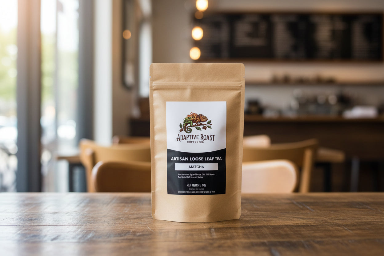 Adaptive Roast Coffee Co. matcha loose leaf tea package on a white background