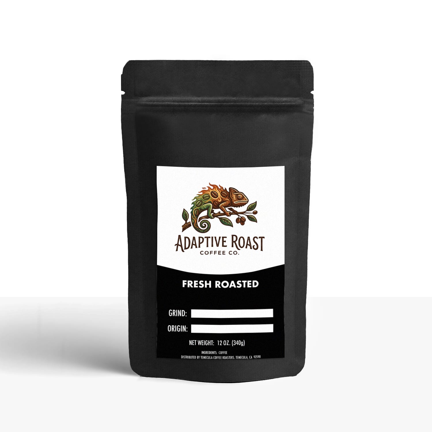 Black coffee bag with 'Adaptive Roast Coffee Co.' label on a white background