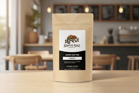 Kraft paper tea bag with Adaptive Roast label on a white background