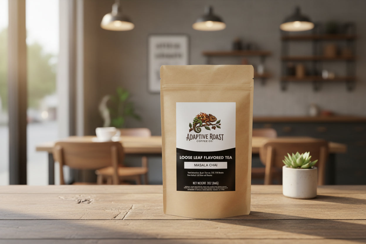 Kraft paper tea bag with Adaptive Roast label on a white background