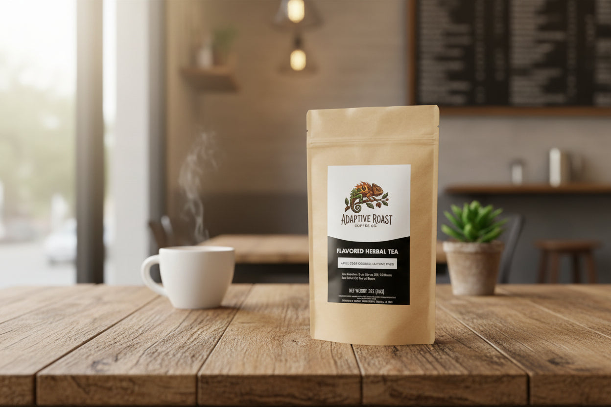 Kraft paper tea bag with Adaptive Roast Coffee Co. label on a white background