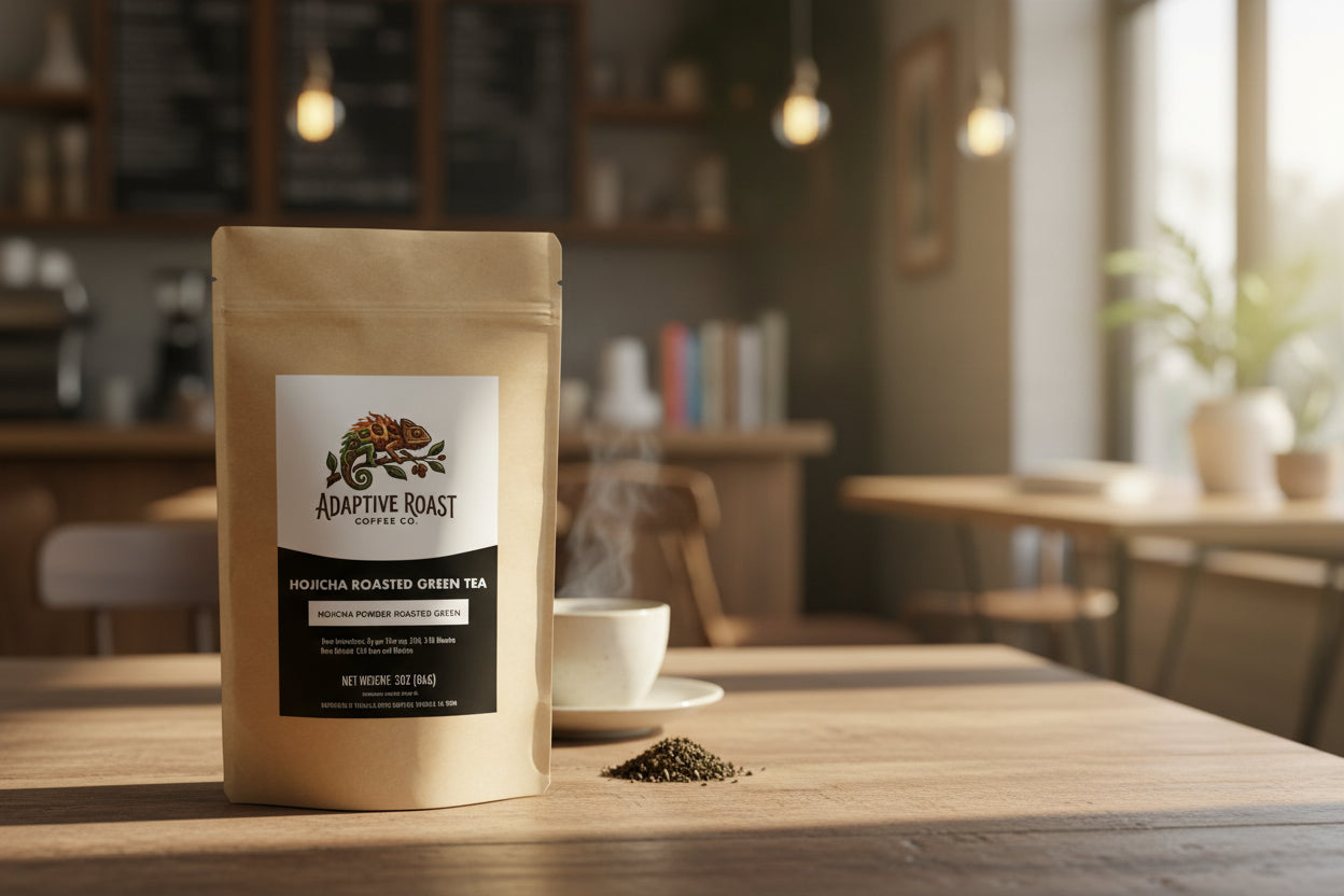 Adaptive Roast Coffee Co. hojicha roasted green tea package on a white background