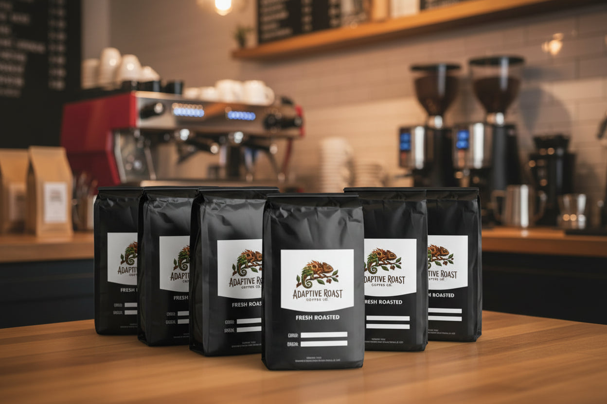 Coffee bags on a counter with a coffee shop background