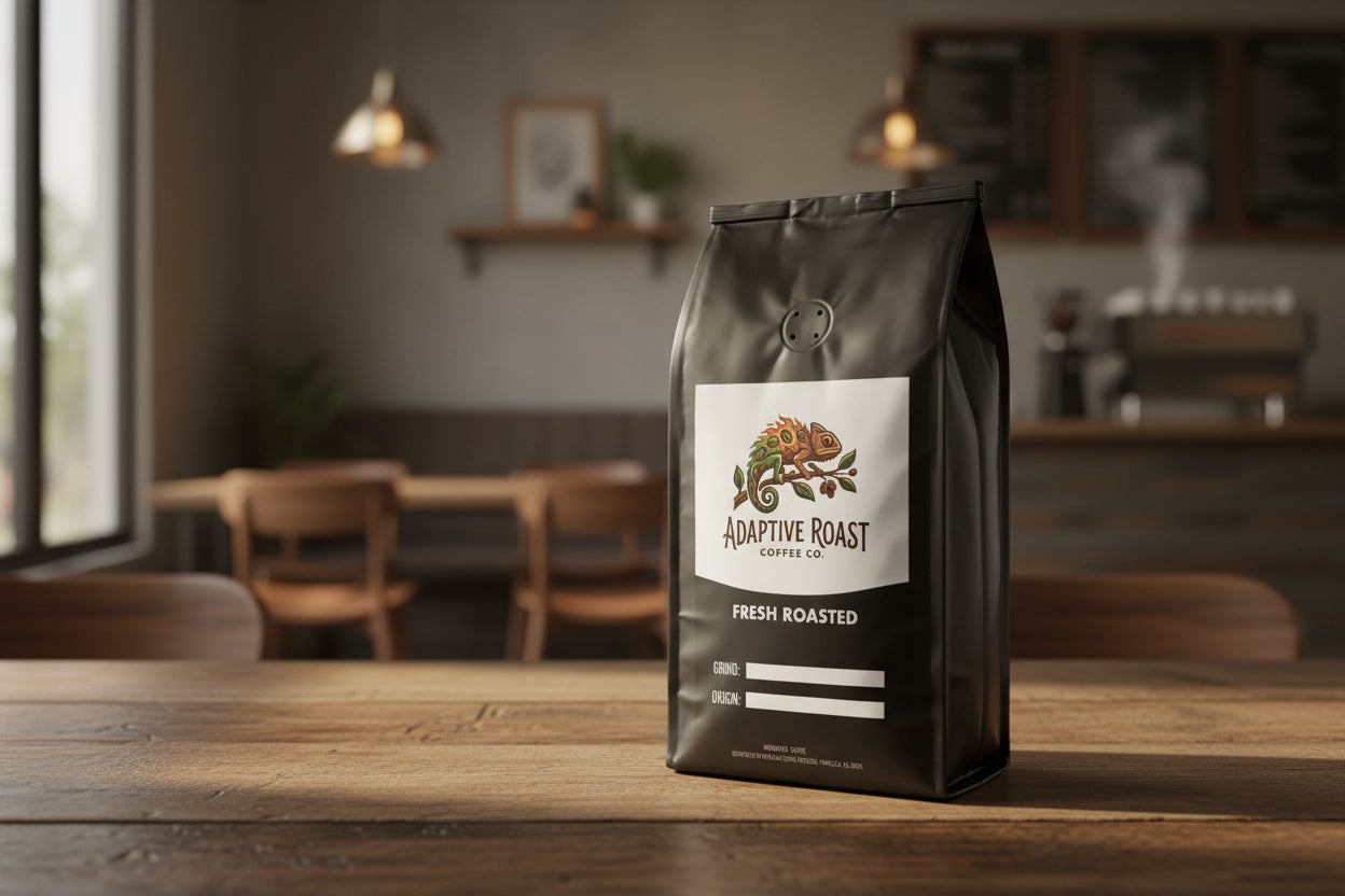 Black coffee bag with Adaptive Roast Coffee Co. label on a white background